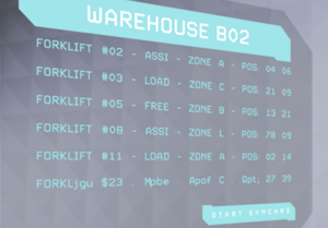 Warehouse shelf with an IoT device and a digital overlay showing a data link.