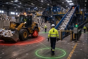 Impianti per il riciclo più sicuri con mezzi sistemi di sicurezza per evitare collisioni tra mezzi e pedoni o incidenti tra nastri trasportatori e operatori