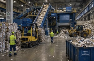 Impianto di riciclo della carta con nastri trasportatori e macchinari industriali.